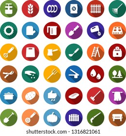 Color back flat icon set - sowing vector, fertilizer, fence, flower in pot, rake, tree, watering can, bucket, sproute, glove, butterfly, house, seedling, water drop, rain, plant label, seeds, bird