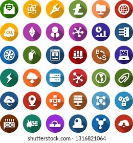 Color back flat icon set - etherium vector, litecoin sign, storm, mining equipment, bitcoin exchange, site, chip, molecule, blockchain, notebook blocks, shield, lock chain, cooling, power plug, co2
