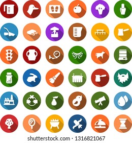 Color back flat icon set - cow vector, rabbit, duck, ribs, pear, plum, fruit tree, broccoli, reception bell, mirror, nail polish, make up brush, eyelashes, beard, welcome mat, rake, lady bug, house