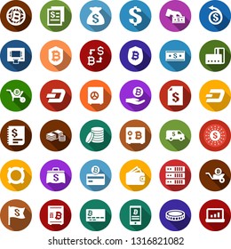 Color back flat icon set - credit card vector, dash sign, mining farm, bitcoin exchange, palm, globe, shield, safe, phone, wheelbarrow, dollar, currency, coin, cash, sun, atm, annual report, flag