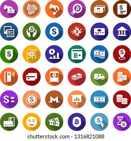Color back flat icon set - credit card vector, iota sign, monero, bitcoin palm, search, chip, shield, presentation graph, wallet, cash, dollar coin, exchange, tap pay, insurance, smile, bank, pin