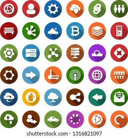 Color back flat icon set - antenna vector, bitcoin sign, blockchain molecule, unmanned car, connection, network, server, cloud, shield, exchange, big data, gear, hub, router, share, bench, arrow