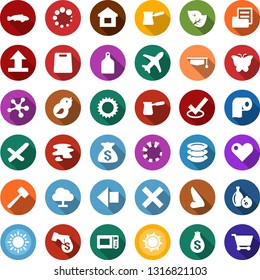 Color back flat icon set - leaf vector, sun, fish, left arrow, nose, molecule, splotch, plates, toilet paper, lawn mower, butterfly, house, bird, glass bottle, plane, folder document, money bag