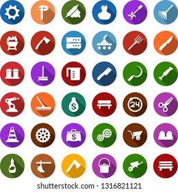 Color back flat icon set - plow vector, 24 around, stamp, border cone, scissors, vacuum cleaner, mop, rake, trowel, ripper, boot, saw, hoe, sickle, axe, farm fork, wheelbarrow, bench, gear, calipers