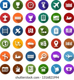 Color back flat icon set - route vector, signpost, earth, pin, plane, satellite, cash, sea shipping, cargo container, car delivery, clock, term, receipt, consolidated, clipboard, fragile, no trolley