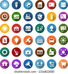 Color back flat icon set - barn vector, sun, airport bus, phone alarm, bomb in case, building, electric razor, barbershop, hairdresser chair, blockchain cube, scraper, plates, tree, fireplace, earth