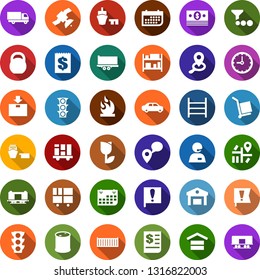 Color back flat icon set - navigation vector, railroad, important flag, satellite, cash, traffic light, support, mobile tracking, truck trailer, cargo container, car delivery, clock, term, receipt