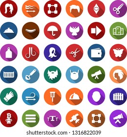 Color back flat icon set - cafe vector, right arrow, scissors, bald head, wallet, mirror, hair straightening, wave of, eyelashes, woman, beard, man, etherium, blockchain, bitcoin column, glove, menu