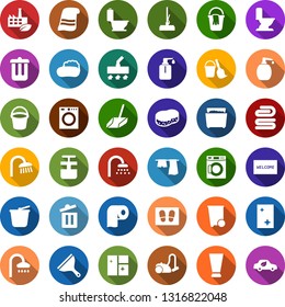 Color back flat icon set - trash bin vector, shower, creme, soap, scraper, bucket and broom, vacuum cleaner, mop, sponge, towel, scoop, window cleaning, welcome mat, toilet, drying clothes, washer