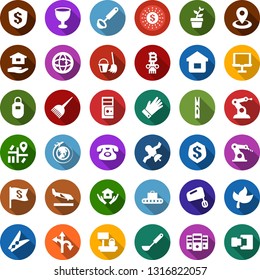 Color back flat icon set - leaf vector, arrival, baggage conveyor, plane globe, hair dye, phone, bitcoin column, bucket and broom, clothespin, house hold, seedling, glove, manufacture robot, route