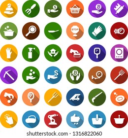 Color back flat icon set - sowing vector, passport, ladder car, mirror, sprayer, rubber glove, mining, bitcoin palm, basket, soap, foam basin, house hold, garden fork, saw, farm, manufacture robot
