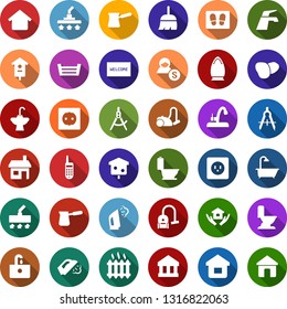 Color back flat icon set - manger vector, water tap, broom, vacuum cleaner, welcome mat, iron, steaming, bath, toilet, house hold, sink, bird, power socket, draw, radiator, office phone, account