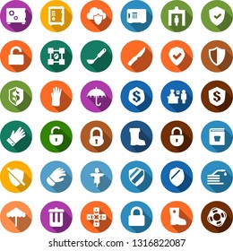 Color back flat icon set - scarecrow vector, passport control, security gate, umbrella, trash bin, safe, lock, blockchain shield, chain, rubber glove, boot, hose, insurance, cloud, unlock, lifebuoy