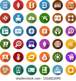 Color back flat icon set - bitcoin sign vector, etherium, dash, iota, mining, equipment, card, site, palm, bag, search, globe, cloud, chip, safe, phone, cart, notebook blocks, blockchain, cube