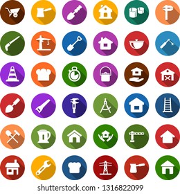 Color back flat icon set - barn vector, shovel and rake, barrier, border cone, house hold, trowel, ladder, wheelbarrow, saw, power line pillar, tower crane, pipes, welding, draw, wrench, calipers