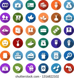 Color back flat icon set - leaf vector, fertilizer, onion, bomb in case, bitcoin card, cart, plant label, greenhouse, pond, forest, bulb, eco car, important flag, big cash, dollar smile, bag