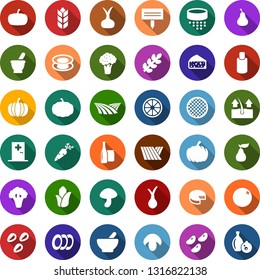 Color back flat icon set - field vector, broccoli, mortar, mushroom, pumpkin, onion, carrot, orange, pear, corn, cheese, medical room, depilation, shampoo, plant label, seeds, glass bottle