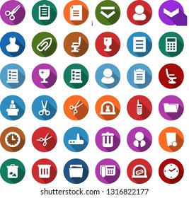 Color back flat icon set - trash bin vector, reception, ticket office, stamp, scissors, hairdresser chair, list of services, shining window, phone, clipboard, calculator, router, attachment, user