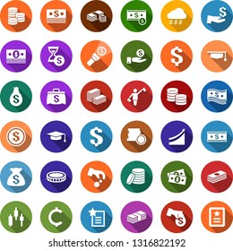 Color back flat icon set - dispatcher vector, japanese chart, growth graph, cash, dollar sign, cent, coin, big, money rain, bag, investment, encashment, torch, account history, graduate hat