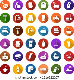 Color back flat icon set - baby room vector, creme, shampoo, razor, electric, rubber glove, towel, soap, water tap, mop, sponge, car fetlock, bath, toilet brush, liquid, paper, shower, sink