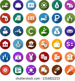 Color back flat icon set - japanese chart vector, blockchain cube, bitcoin wallet, house hold, yen, ruble, cent, coin, dollar exchange, sun, bank, account, money bag, piggy, investment, cash pay