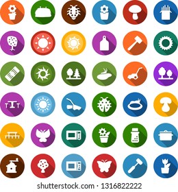 Color back flat icon set - sun vector, hay, fruit tree, cafe, flower in pot, lawn mower, butterfly, lady bug, pond, picnic table, forest