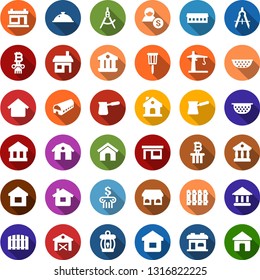 Color back flat icon set - barn vector, farm, barbershop building, bitcoin column, fence, house, garden light, tower crane, draw, store, bank, account, home