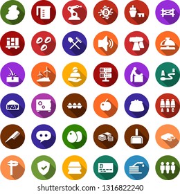 Color back flat icon set - shovel and rake vector, ribs, farm fence, plum, cheese, reception bell, baby room, seat map, comb, spa, depilation, bitcoin card, chip, sponge, scoop, caterpillar, hose