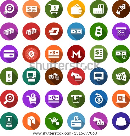 Color back flat icon set - credit card vector, dash sign, monero, neo, bitcoin, search, phone, cart, wheelbarrow, cash, receipt, mobile payment, dollar, sun, atm, pay, money back, wallet, check