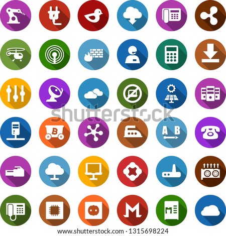 Color back flat icon set - antenna vector, coffee machine, no laptop, clouds, helicopter, phone, ripple sign, mining, equipment, molecule, power plug, iron, sun panel, socket, bird, cpu, satellite