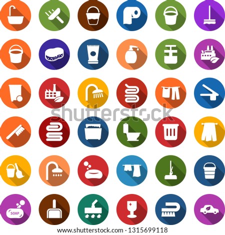 Color back flat icon set - bucket vector, trash bin, shower, creme, towel, soap, scraper, and broom, vacuum cleaner, fetlock, mop, sponge, scoop, bath, toilet, drying clothes, liquid, shining window