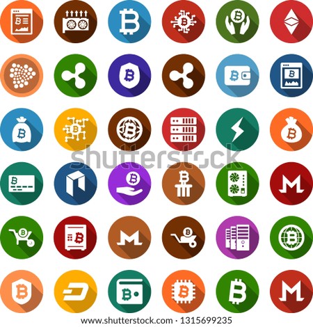 Color back flat icon set - bitcoin sign vector, etherium, ripple, dash, iota, monero, storm, neo, mining farm, equipment, card, site, palm, bag, globe, chip, shield, safe, wheelbarrow, column