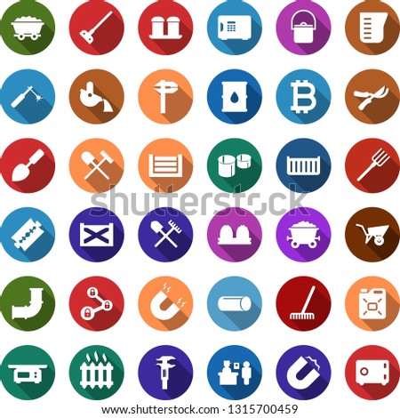 Color back flat icon set - shovel and rake vector, passport control, razor blade, bitcoin sign, lock chain, trowel, hoe, farm fork, wheelbarrow, pruner, mine trolley, oil pipeline, canister, magnet