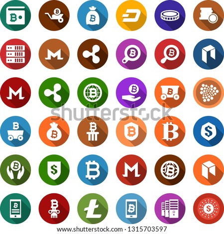 Color back flat icon set - bitcoin sign vector, ripple, litecoin, dash, iota, monero, neo, mining, farm, palm, bag, search, globe, shield, phone, wheelbarrow, column, wallet, coin, insurance