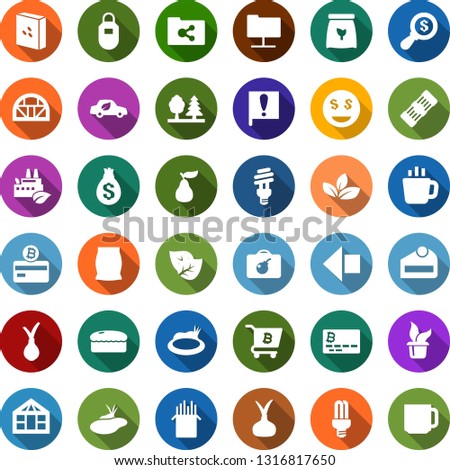 Color back flat icon set - leaf vector, fertilizer, onion, pear, bomb in case, left arrow, bitcoin card, cart, seedling, greenhouse, pond, forest, eco factory, bulb, car, important flag, bag