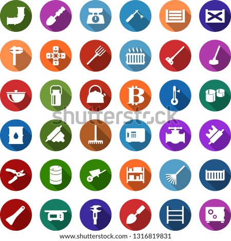 Color back flat icon set - milk can vector, bitcoin sign, lock chain, trowel, farm fork, rake, pruner, saw, garden knife, wheelbarrow, hoe, oil pipeline, barrel, pipes, welding, calipers, radiator