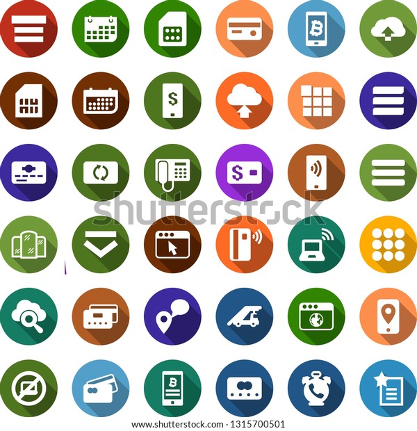 Color back flat icon set - phone alarm vector, no\
laptop, wireless notebook, ladder car, mirror, bitcoin, sim card,\
mobile tracking, term, payment, credit, tap pay, exchange, cloud\
glass, browser