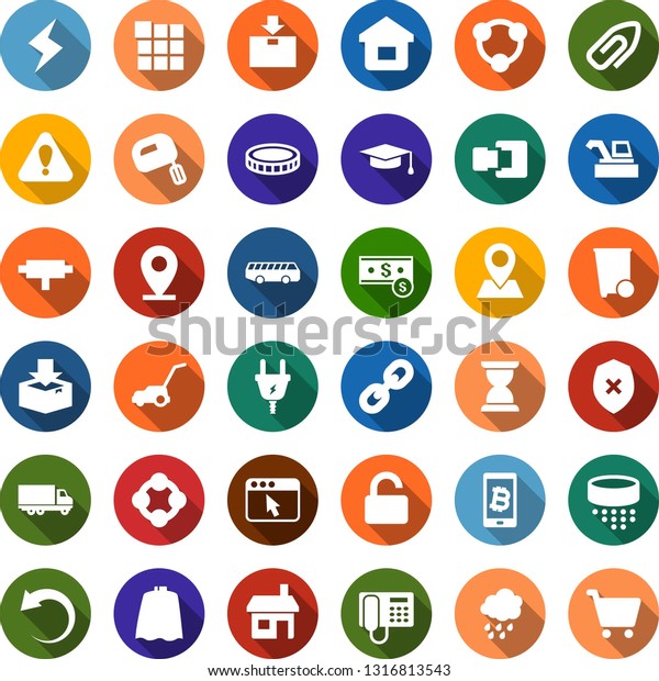 Color back flat icon set - rain vector, harvester,\
airport bus, phone, cloack, storm sign, bitcoin, trash bin,\
seedling, pumpkin, lawn mower, house, power plug, pin, car\
delivery, package, coin