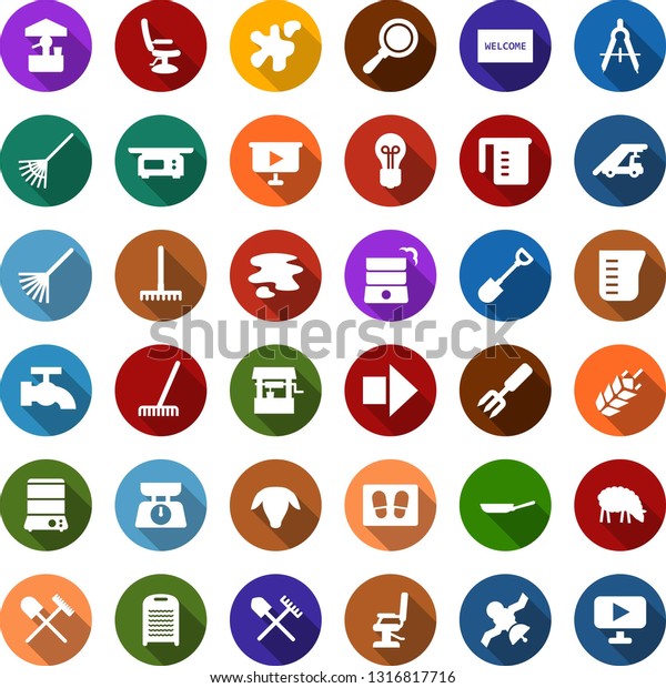 Color back flat icon set - spike vector, shovel\
and rake, sheep, right arrow, ladder car, hairdresser chair, water\
tap, splotch, welcome mat, washboard, garden fork, well, bulb,\
draw, satellite