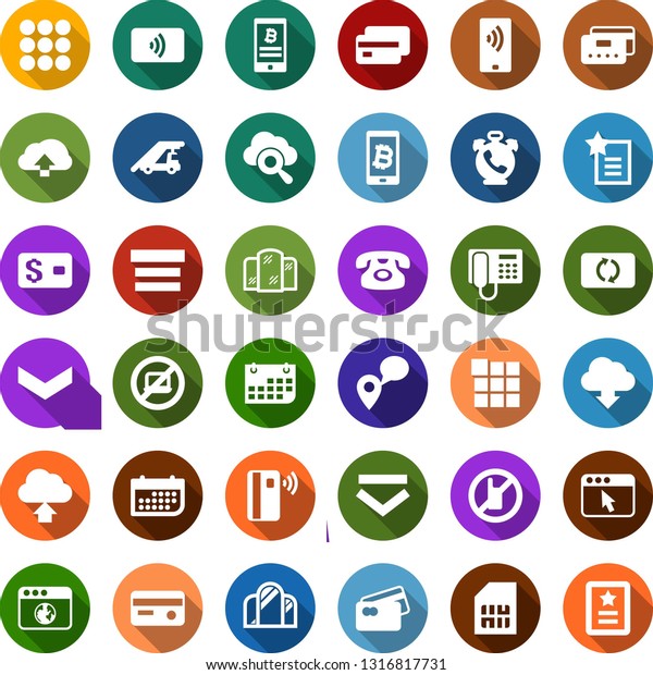 Color back flat icon set - phone alarm vector,\
no mobile, laptop, ladder car, mirror, bitcoin, sim card, tracking,\
term, credit, tap pay, exchange, payment, cloud glass, browser,\
menu, download