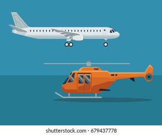 color background with airplane and helicopter in flight