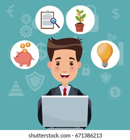 color background analytics investment with bussiness man work in laptop and bubbles icons economy