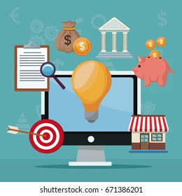 color background analytics investment with display computer and light bulb and icons economy