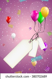 color background with balloons and falling confetti and paper labels