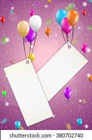 color background with balloons and falling confetti and paper labels