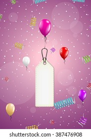 color background with balloons and falling confetti and paper labels