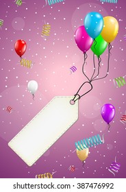 color background with balloons and falling confetti and paper labels
