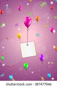 color background with balloons and falling confetti and paper labels