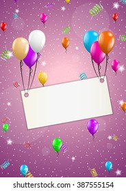 Fondo de color con globos y cayendo confeti y etiquetas de papel