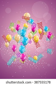 color background with balloons and falling confetti